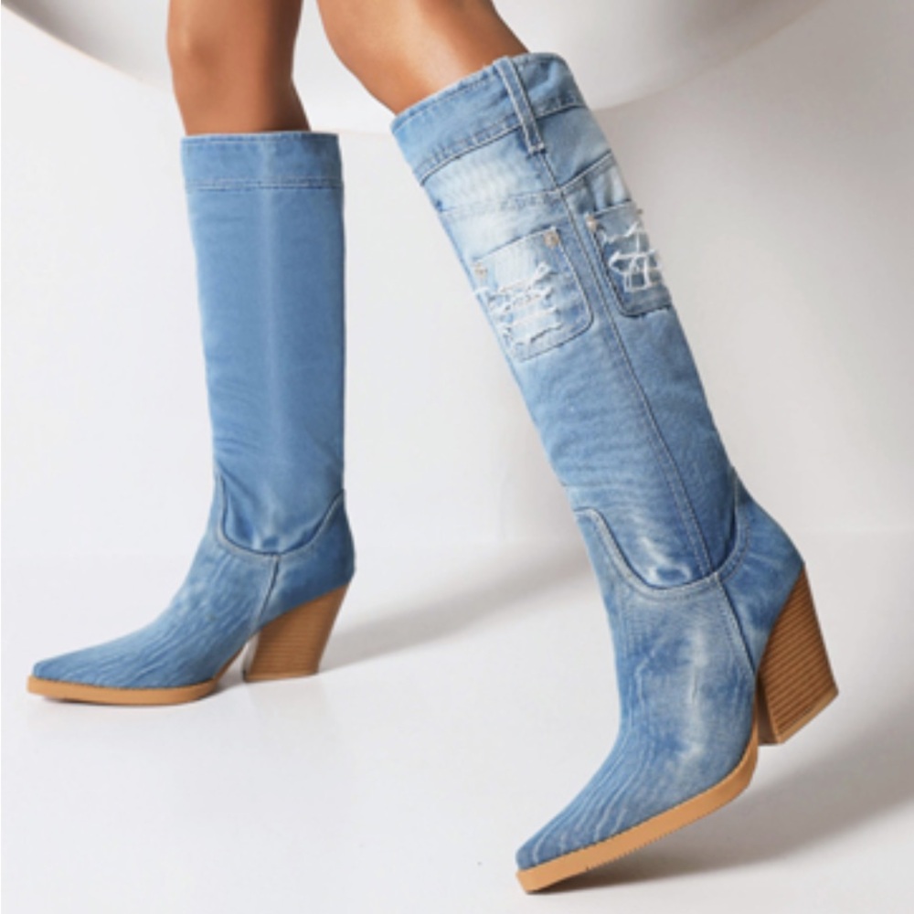 Vivianly Pointy Toe Denim Knee Boots w Chunky Heel Cowgirl Boot, Blue, 10, NWT - Picture 2 of 16
